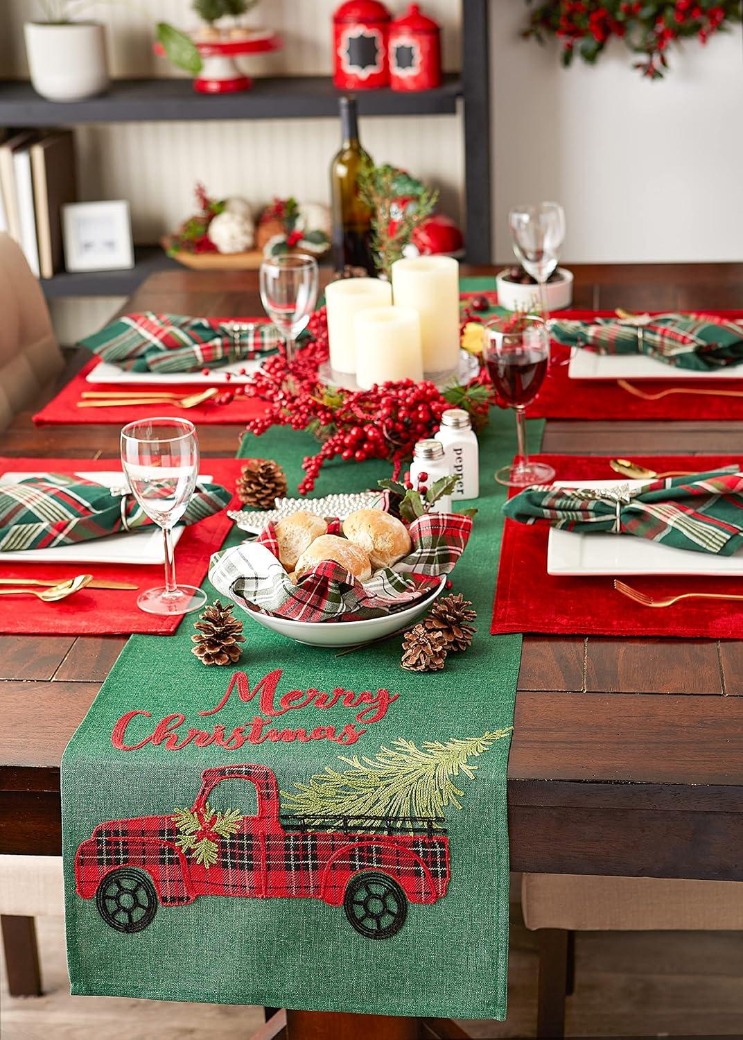 Green and Red Embroidered Christmas Truck Table Runner, 14x108