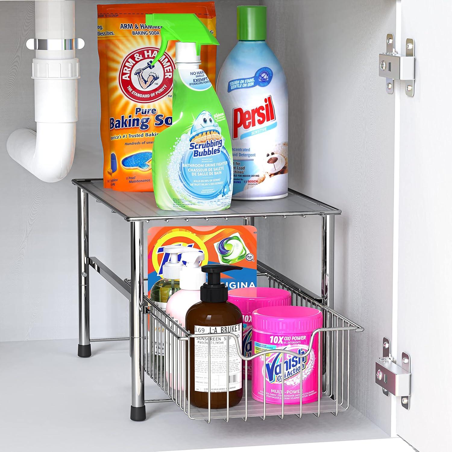 Simple Houseware Stackable Under Sink Cabinet Pull Out Sliding Basket Organizer Drawer, Chrome