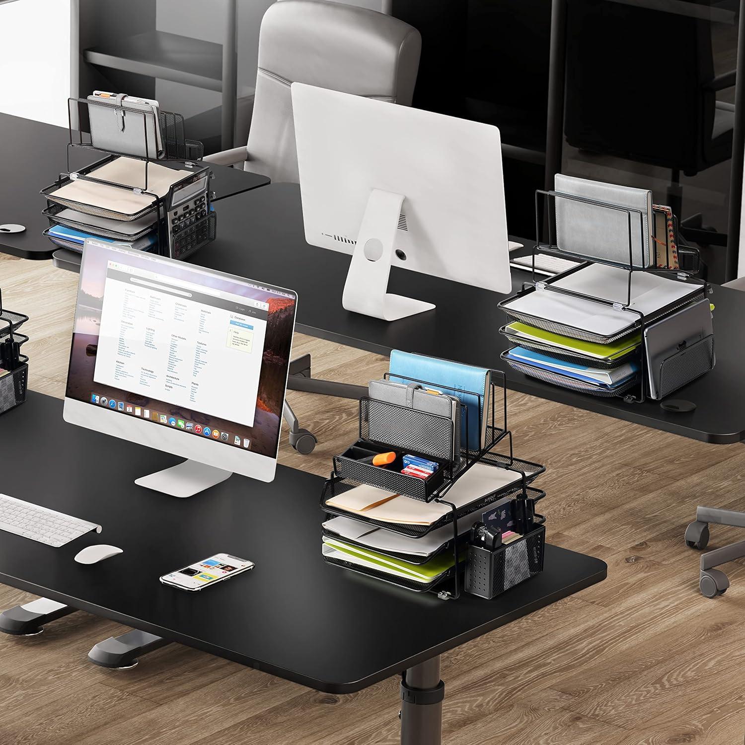 DESIGNA Stackable Mesh Desk Organizer with 3 Sliding Letter Tray Drawers, 4 File Holders Sorter Section, 2 Side Compartments, Pencil Holder Non-slip All In One Desktop Organizers Office Storage, Black