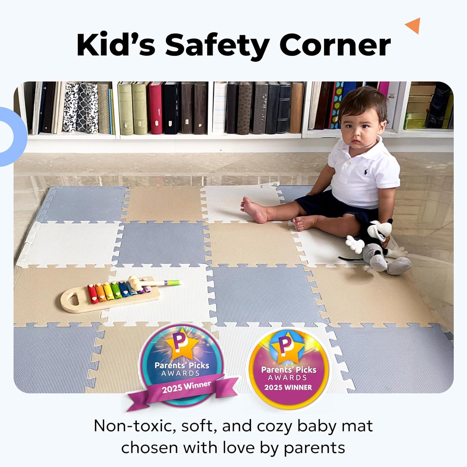 MioTetto Non-Toxic Foam Play Mat for Babies & Kids, Interlocking Puzzle Tiles, Cream-Gray-Beige, 18 Pieces – Perfect for Tummy Time, Crawling, Nursery, Playroom, or Gym