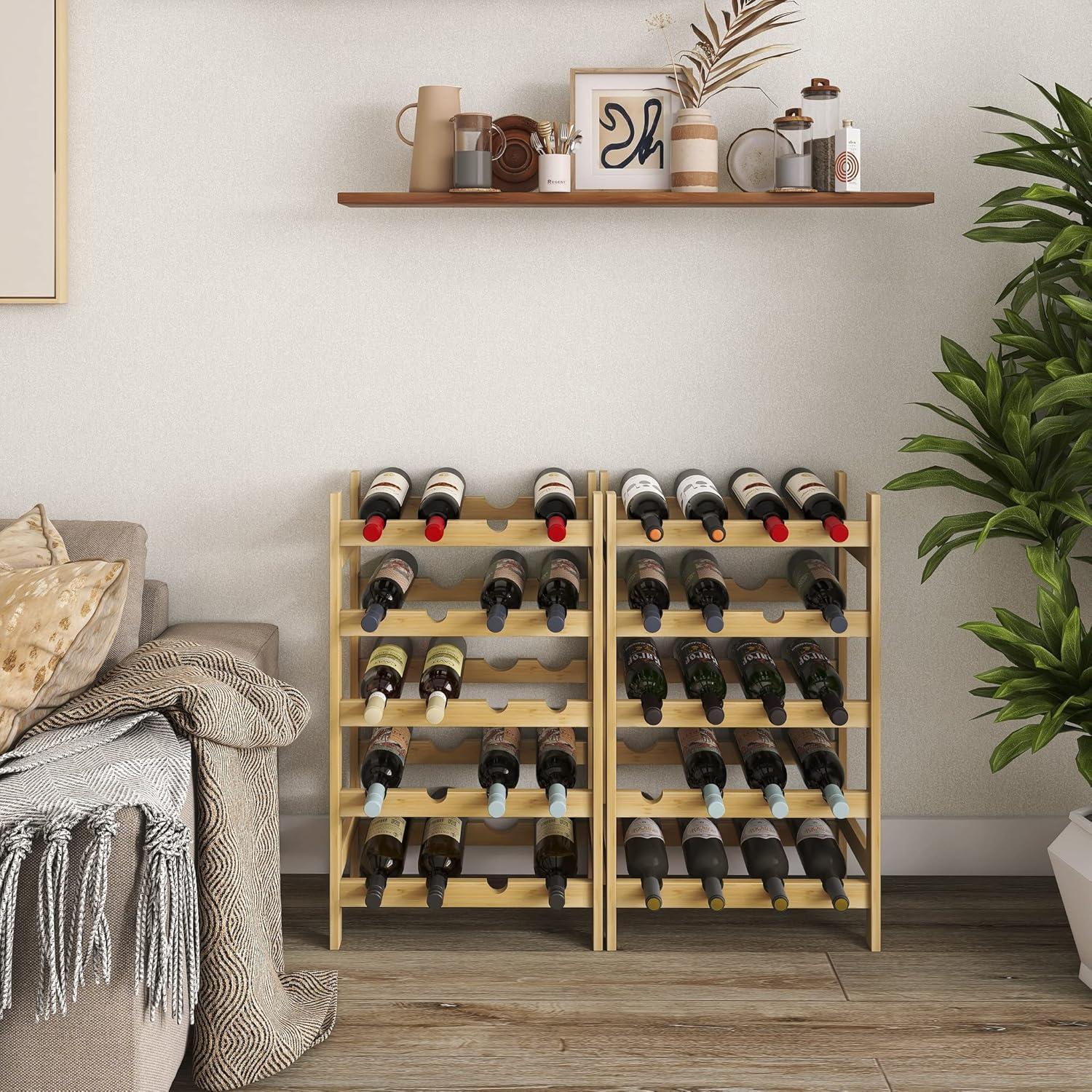 Bamboo Wine Rack, 20 Bottles Display Holder, 5-Tier Free Standing Storage Shelves for Kitchen, Pantry, Cellar, Bar (Natural)