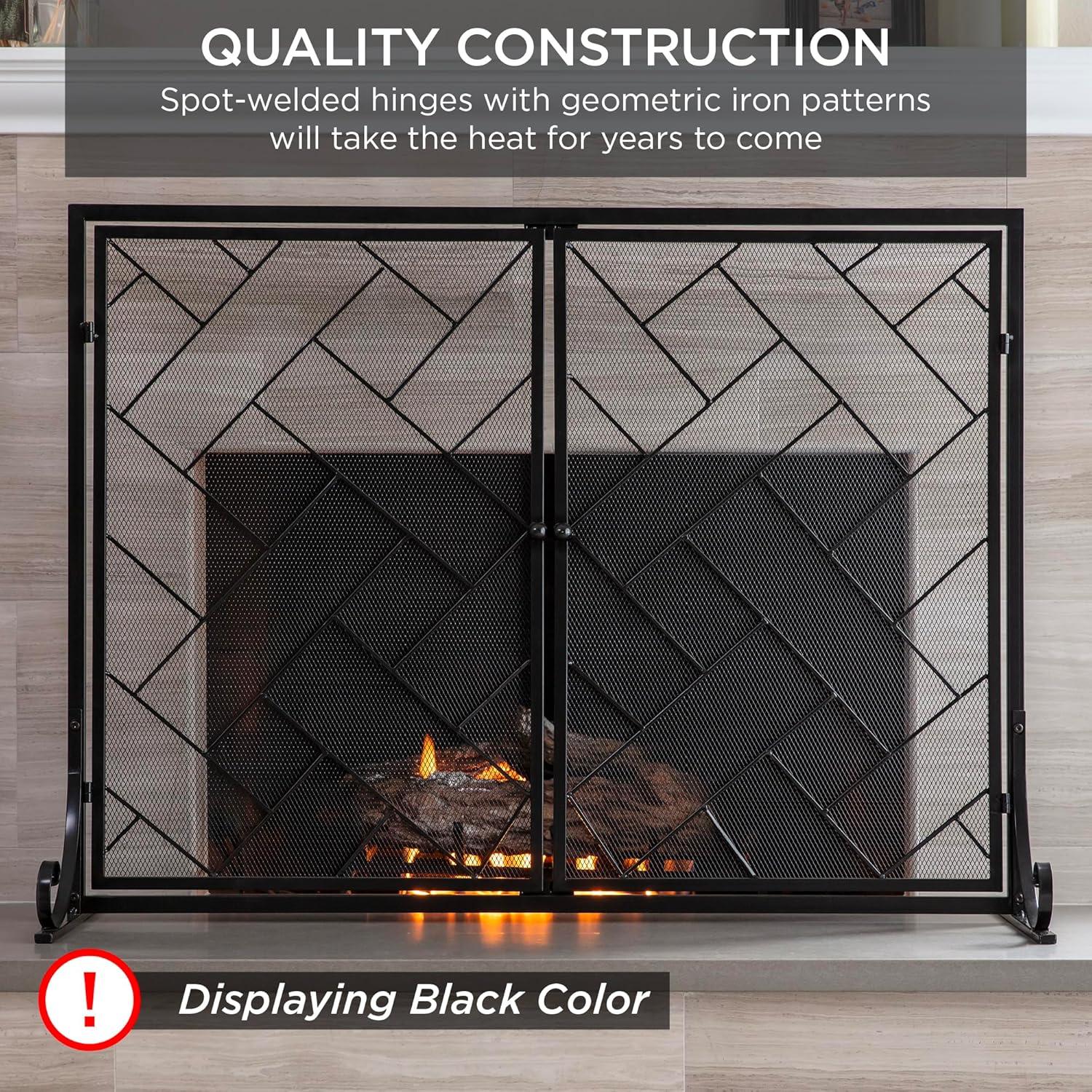 Best Choice Products 44x33in 2-Panel Handcrafted Wrought Iron Geometric Fireplace Screen w/ Magnetic Doors