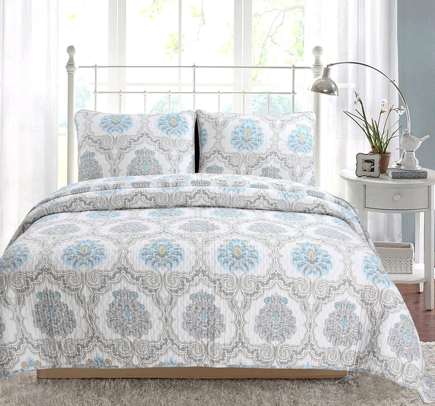 King Blue Damask Reversible Cotton Quilt Set