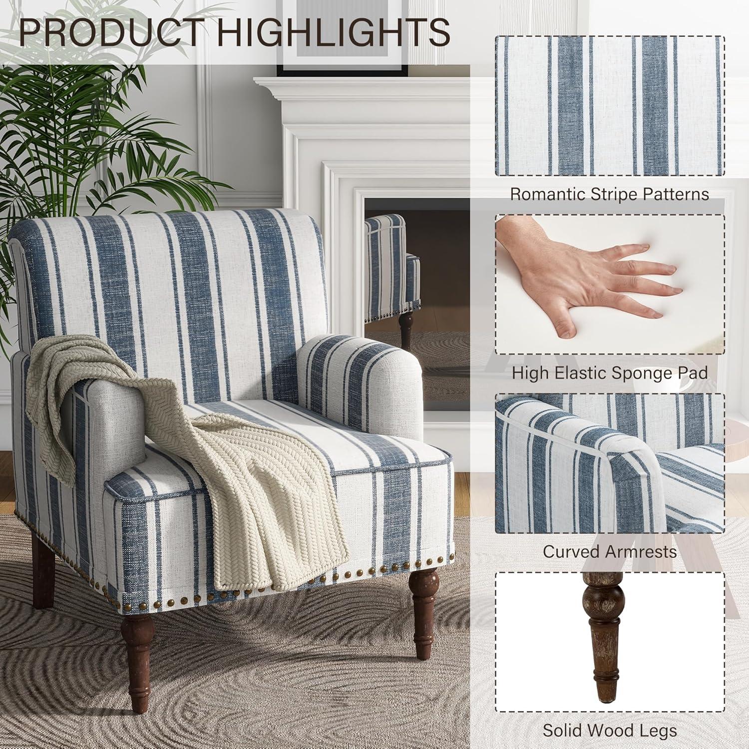 Blue and White Striped Barrel Accent Chair Set with Nailhead Trim