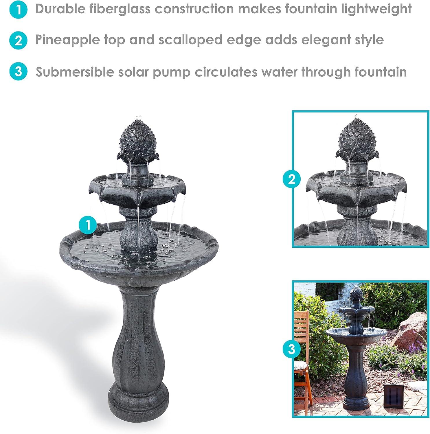 Sunnydaze Outdoor 2-Tier Solar Powered Pineapple Top Water Fountain with Battery Backup and Submersible Pump - 46" - Black