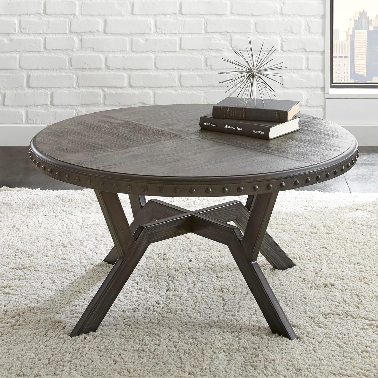 Gray Round Wood and Metal Coffee Table with Nailhead Trim