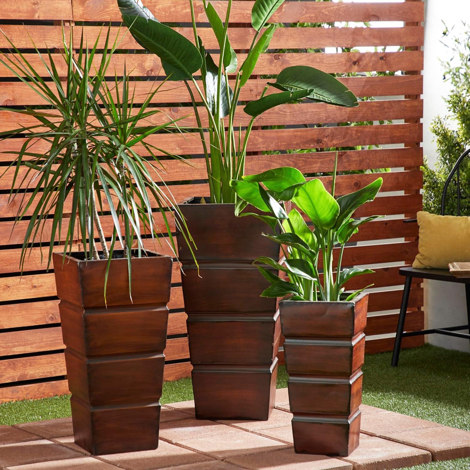 Set of 3 Contemporary Rectangular Iron Planters Brown - Olivia & May: Tall, Outdoor Decor Display