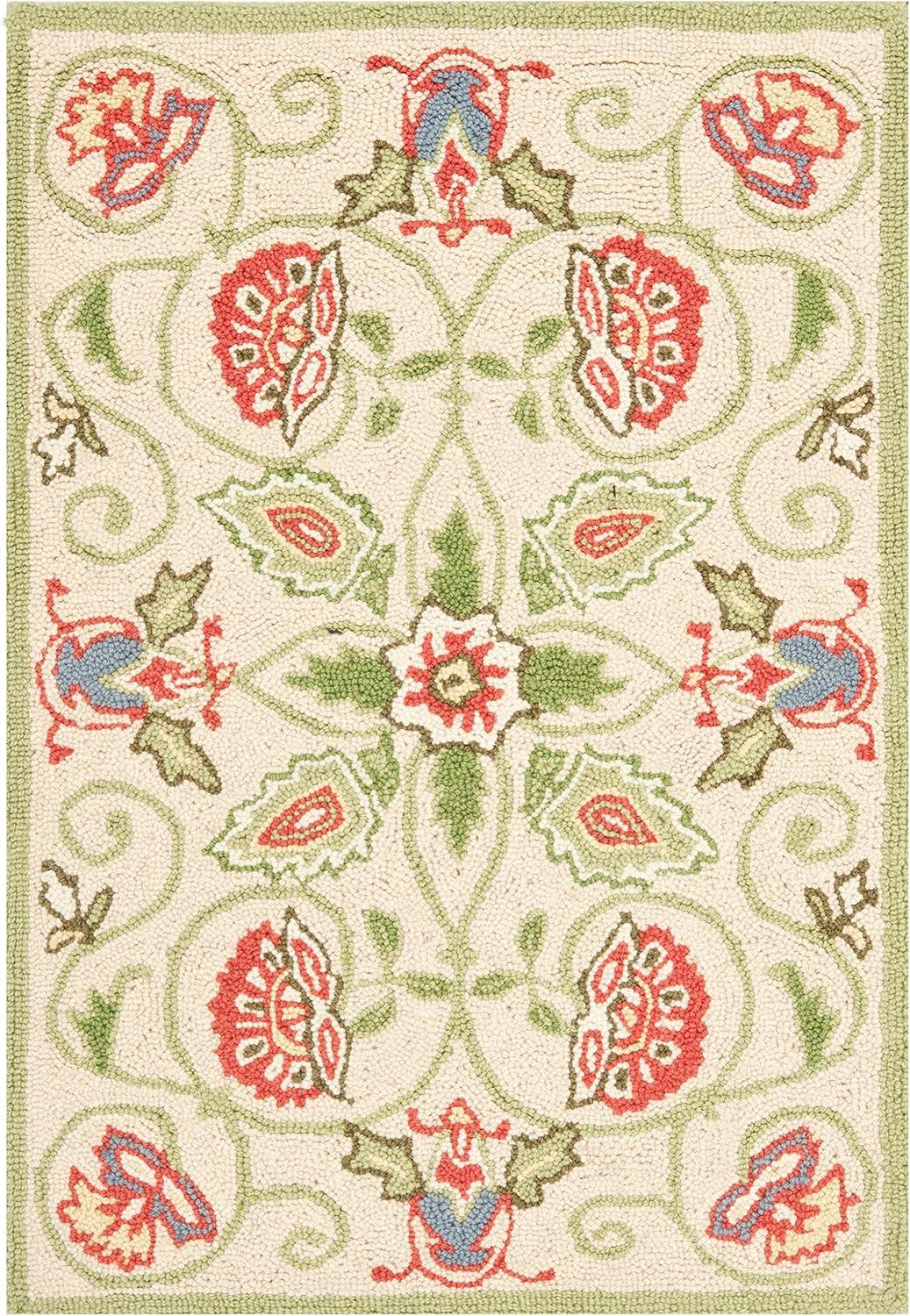 Beige and Green Hand-Hooked Wool Floral Area Rug