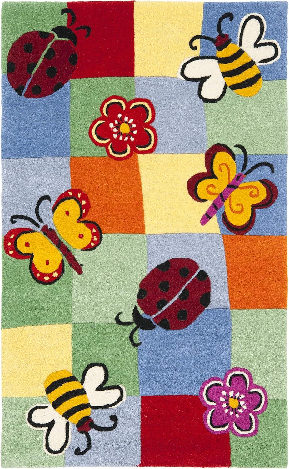 Handmade Multi-Color Wool Kids Rug with Butterfly and Flower Design