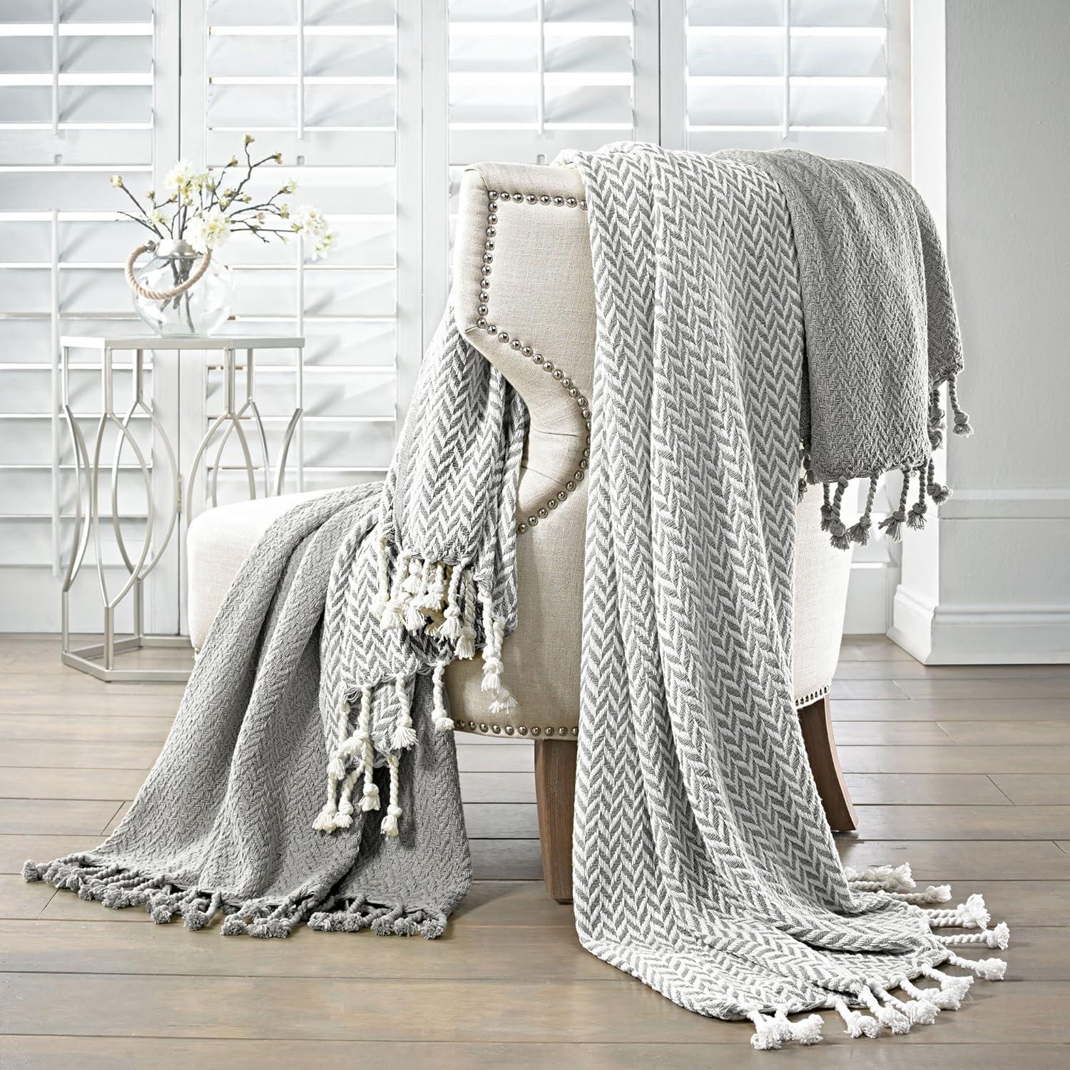 Monaco Chic 100% Cotton Reversible Throw with Tassels, 50" x 60", Gray