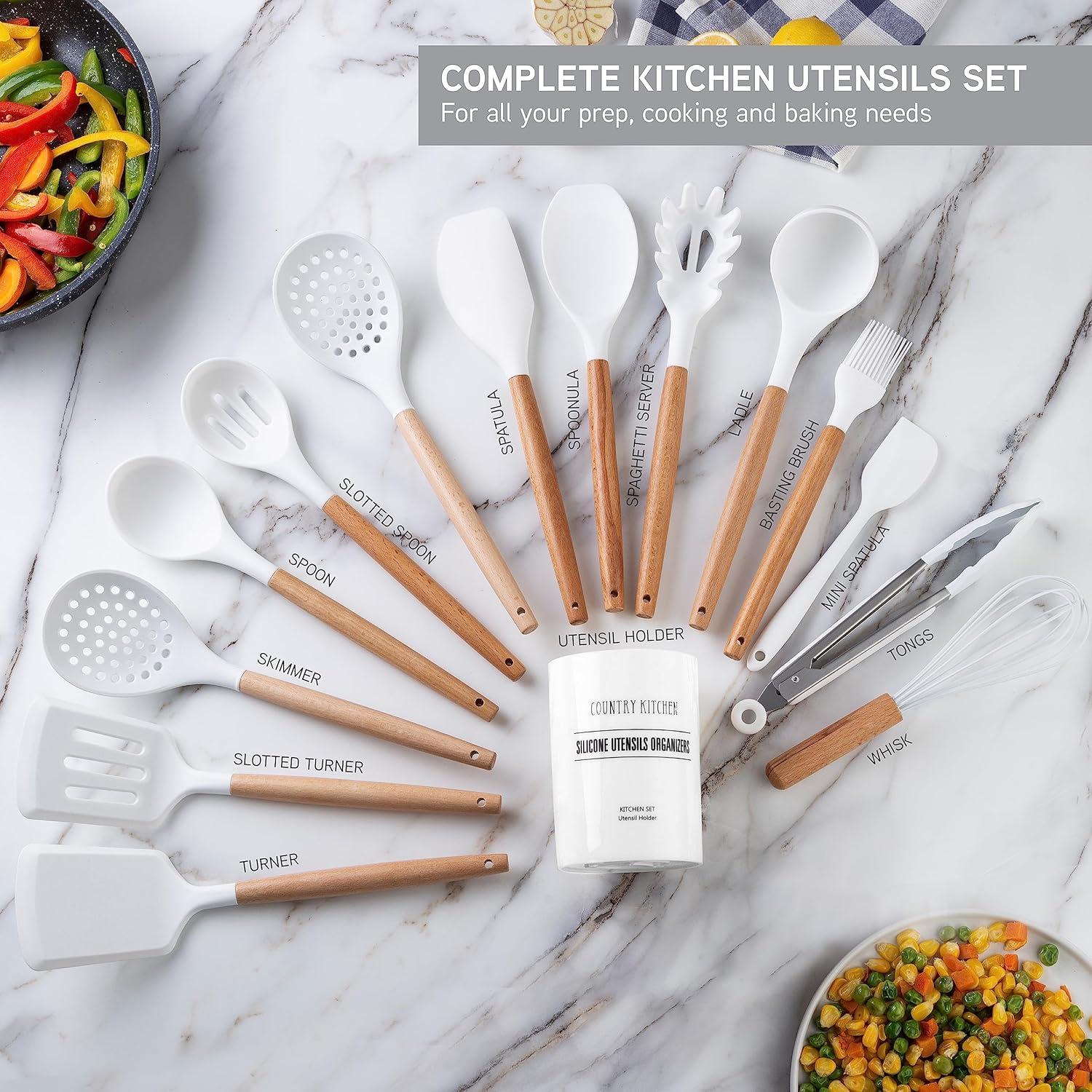 14pcs Kitchen Silicone Cooking Utensils Set,Non-Stick,Wooden Handle,White