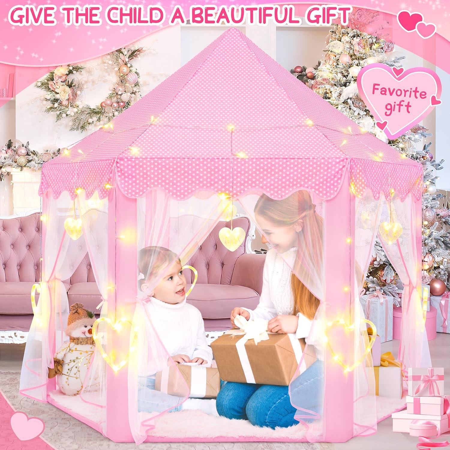 EVOIONOS Princess Tent for Girls, Kids Play Tent with LED Star Lights, Castle Playhouse for Children Indoor Outdoor Games, 55X53 inches, Pink