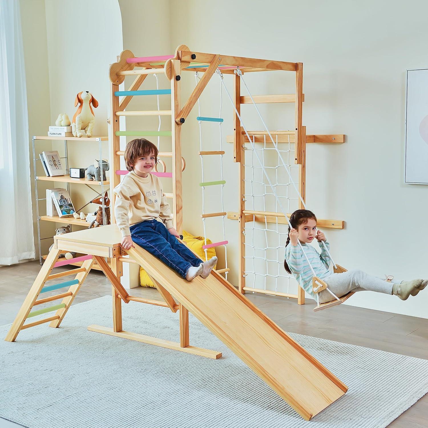 Avenlur Grove - Wood indoor 8-in-1 Wall Jungle Gym, Color