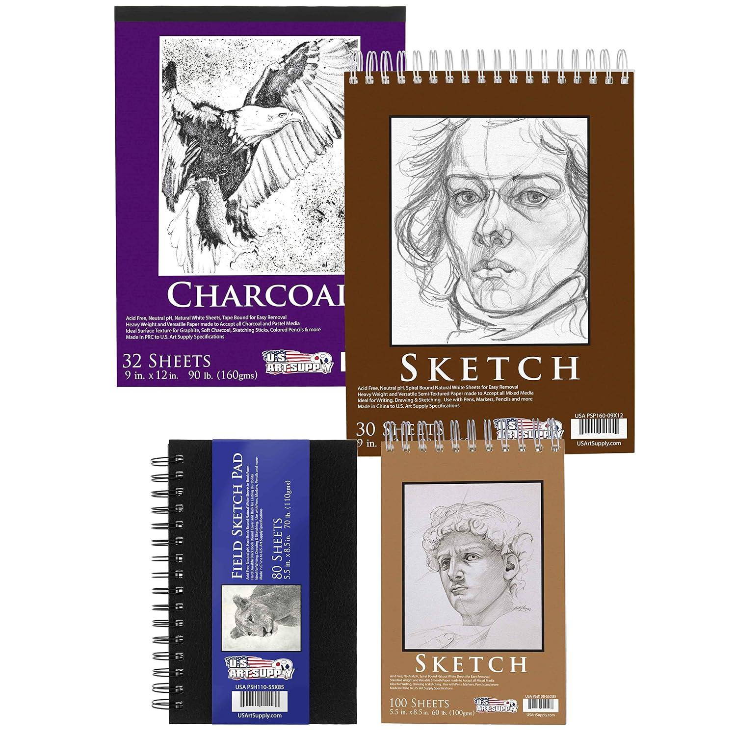 U.S. Art Supply Set of 4 Different Styles of Sketching and Drawing Paper Pads (242 Sheets Total) - 2 Each 5.5" x 8.5" and 9" x 12" Premium Spiral Bound Sketch, Draw, Charcoal Pencil, Mixed Media Pads