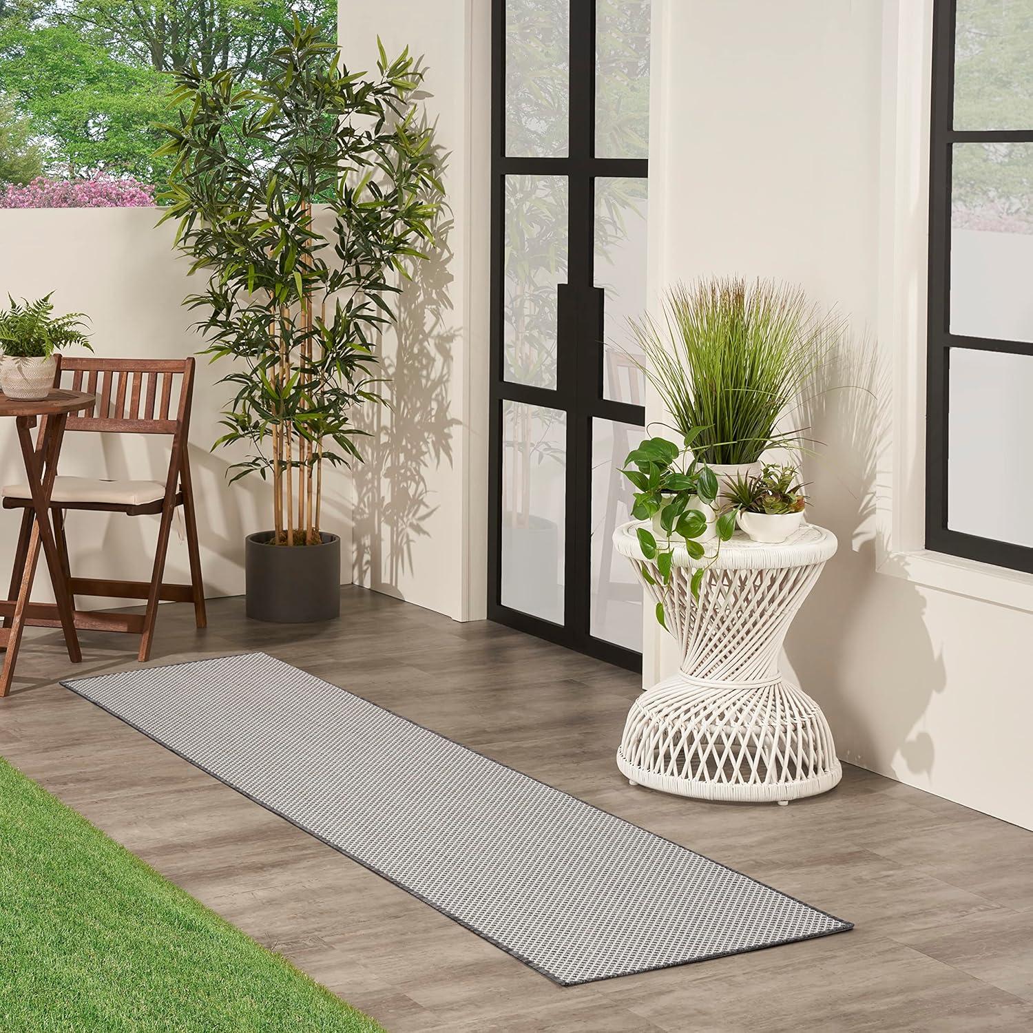 Nourison 2'2" x 10' Courtyard Modern Easy Care Flatweave Indoor Outdoor Runner Rug Ivory/Charcoal