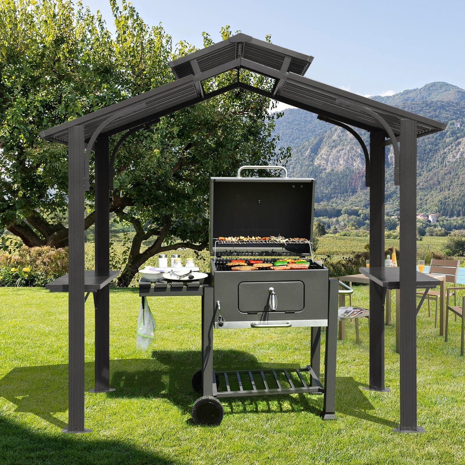 Domi 8x5FT Gray Steel Hardtop Grill Gazebo with Shelves