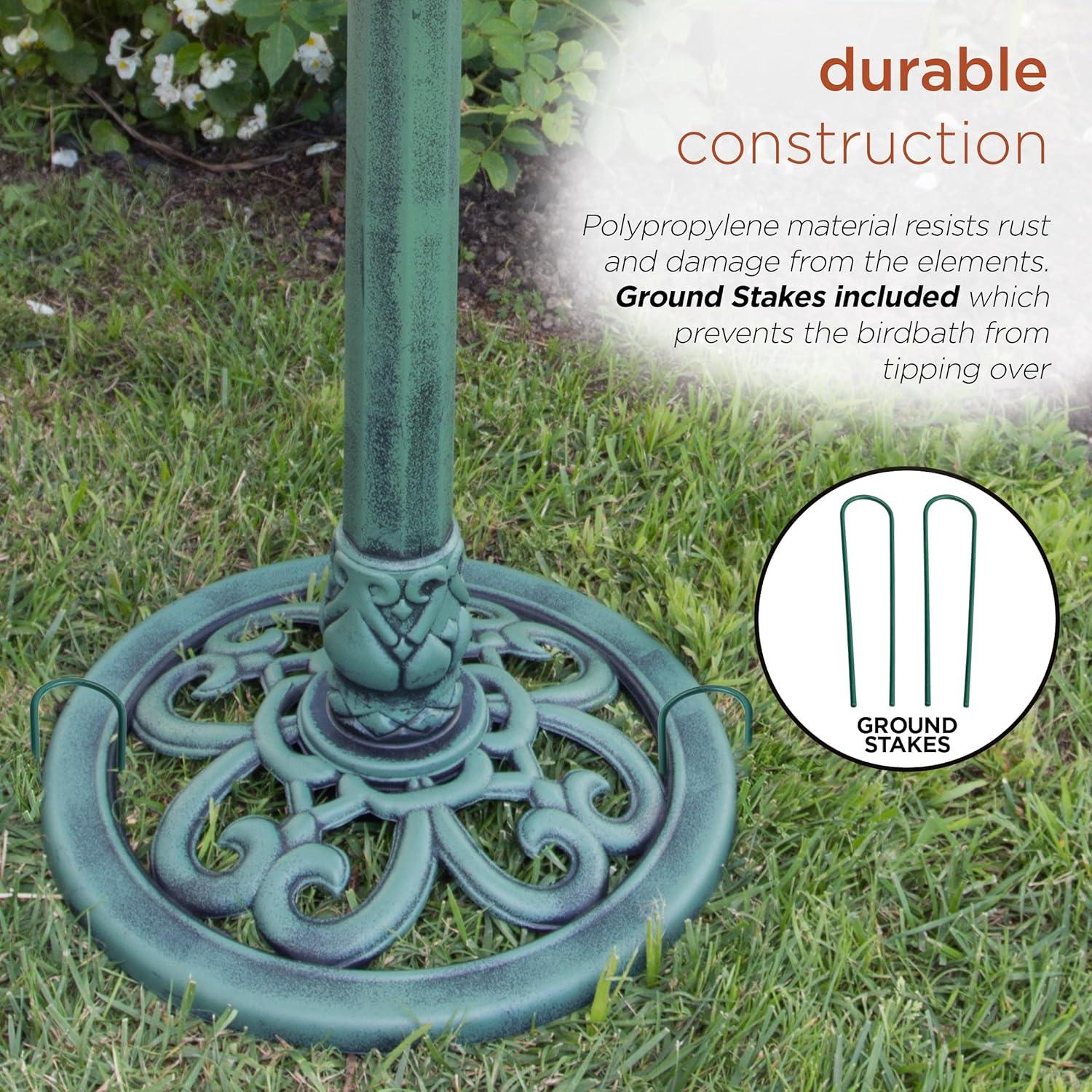 Alpine Corporation 15" x 25" Plastic Scrollwork Bird Bath, Green