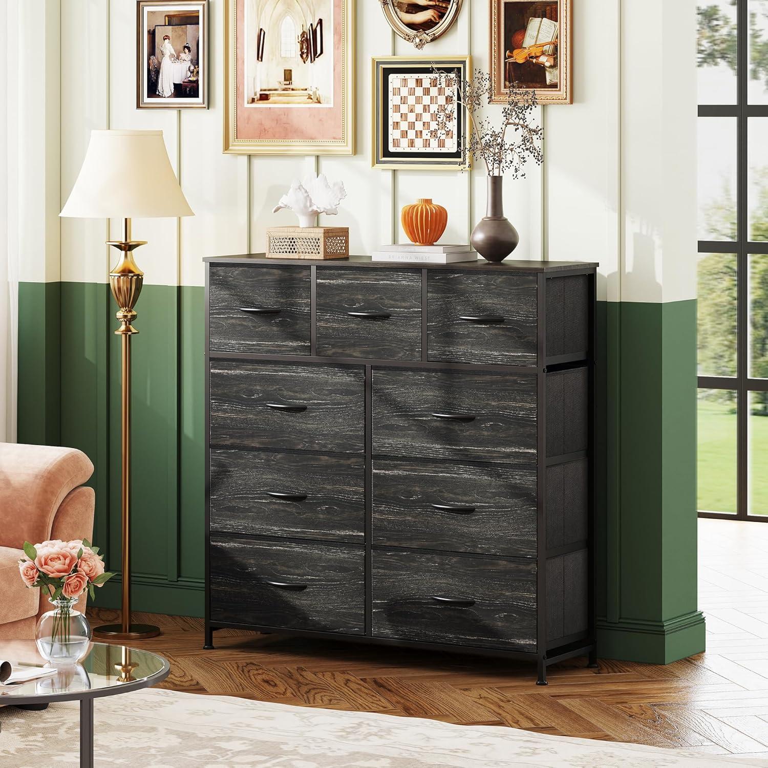 Charcoal Black 9-Drawer Fabric Storage Dresser with Wood Grain Top