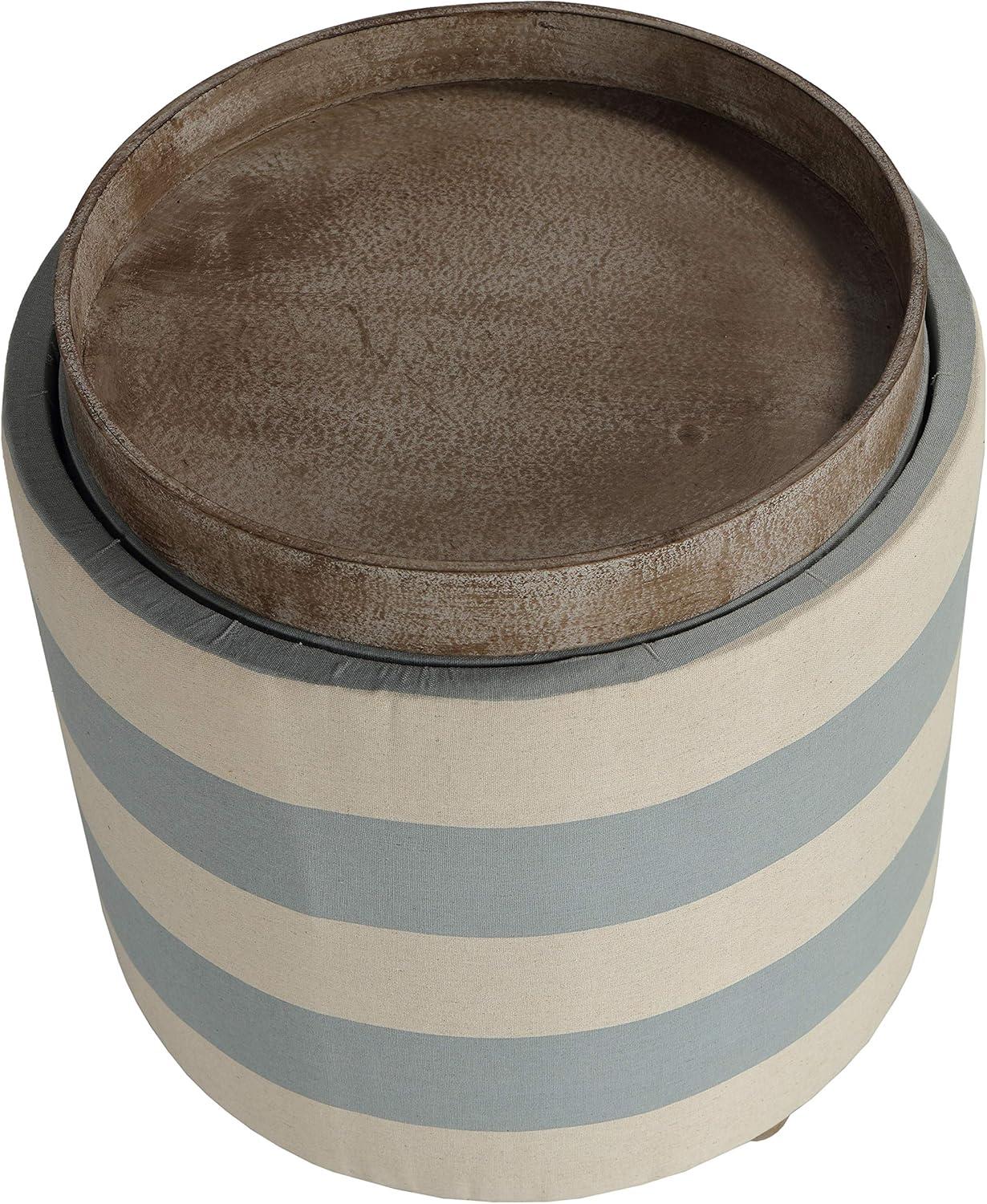 Cape Cod Blue and Ivory Striped Round Storage Ottoman with Tray