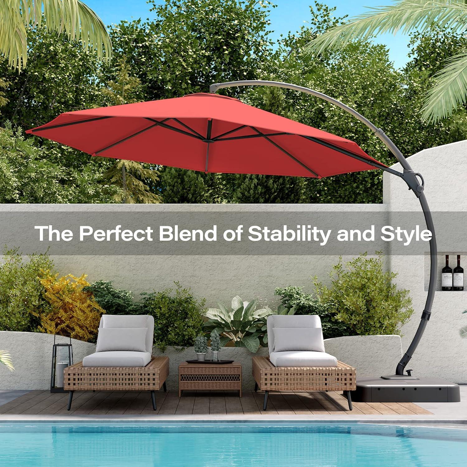 LAUSAINT HOME 11FT Deluxe Patio Umbrella with Base, Outdoor Large Hanging Cantilever Curvy Umbrella with 360° Rotation, Red