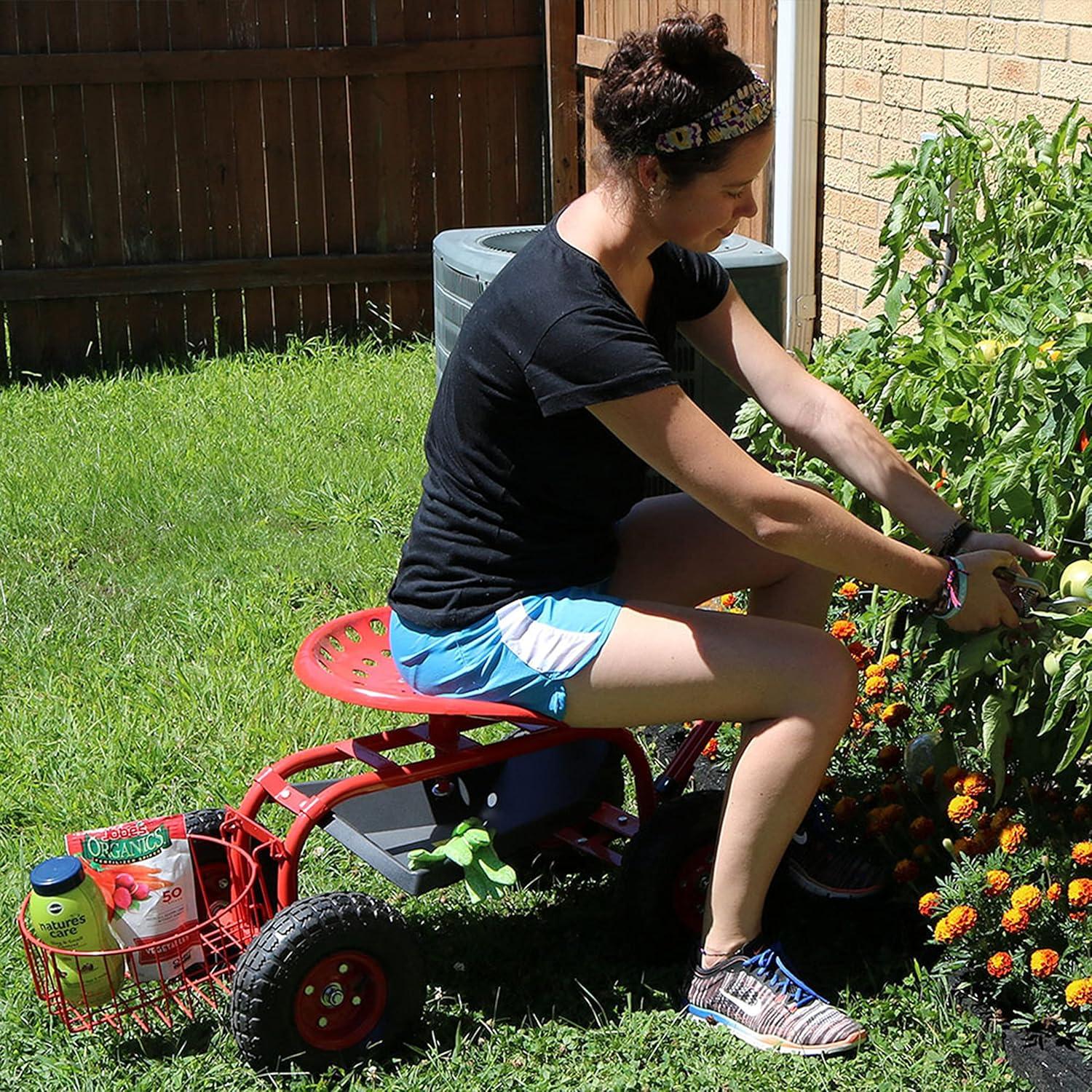 SunnyDaze Decor Steel Steering Handle Swivel Seat & Basket Garden Cart