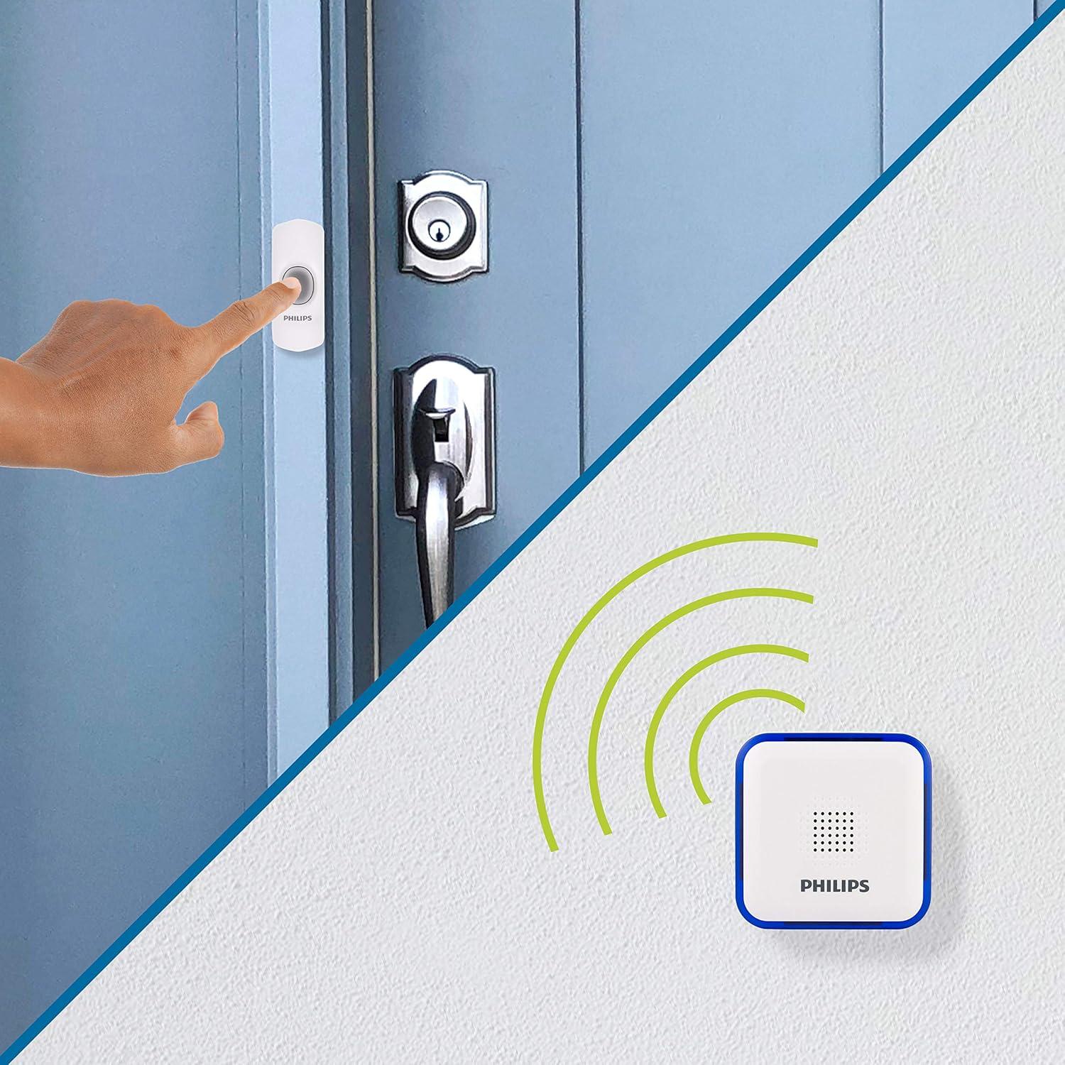 Philips Battery-Operated 32-Melody Door Chime, 1 Receiver, 1 Push Button, White, 6.4in, DES3140W/27
