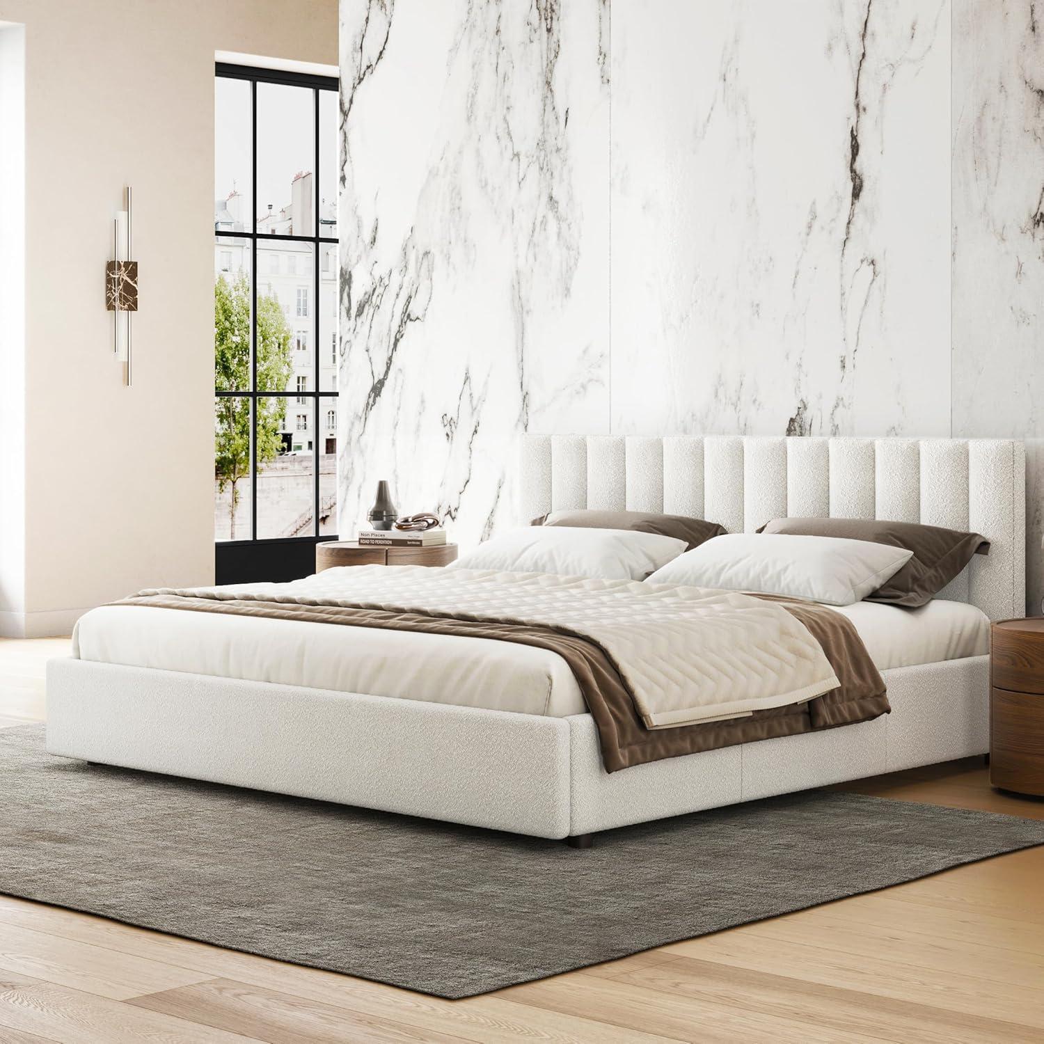 Omax Decor Jaxon Upholstered Platform King Bed in White Boucle Fabric