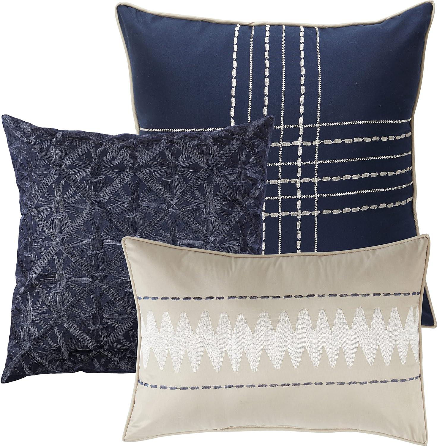 Navy Geometric Jacquard Queen Comforter Set with Decorative Pillows