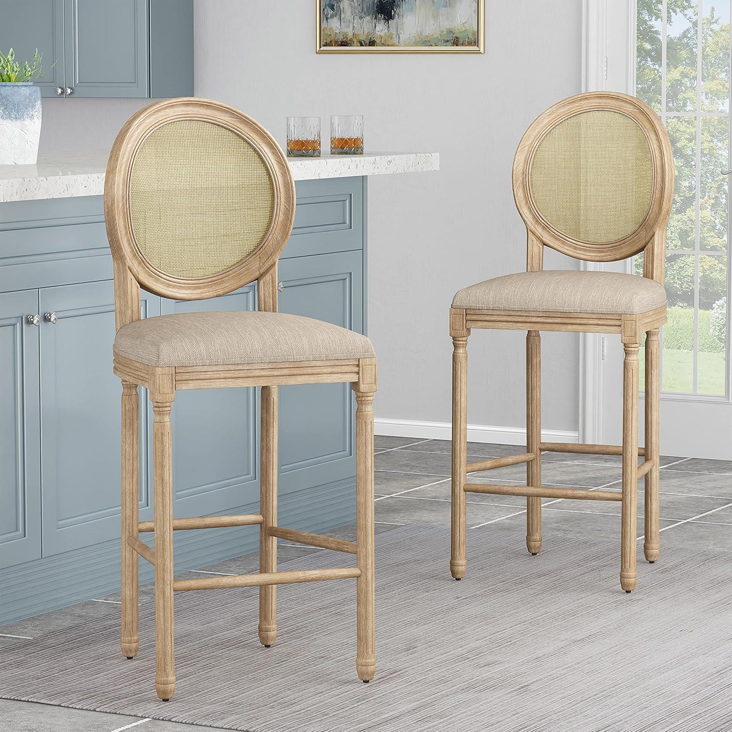 Beige and Natural French Country Wooden Barstools with Wicker Backrest, Set of 2