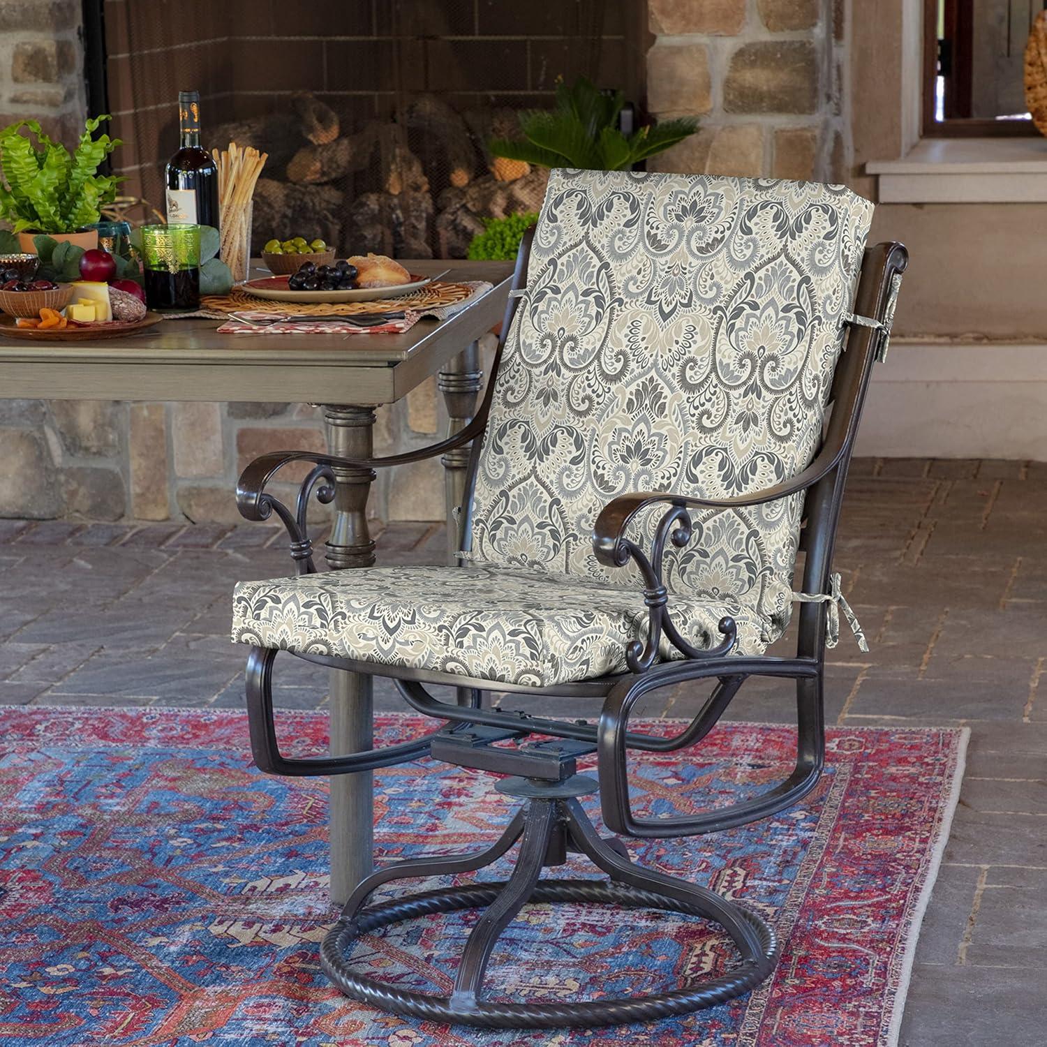 Neutral Aurora Damask Outdoor Dining Chair Cushion with Ties