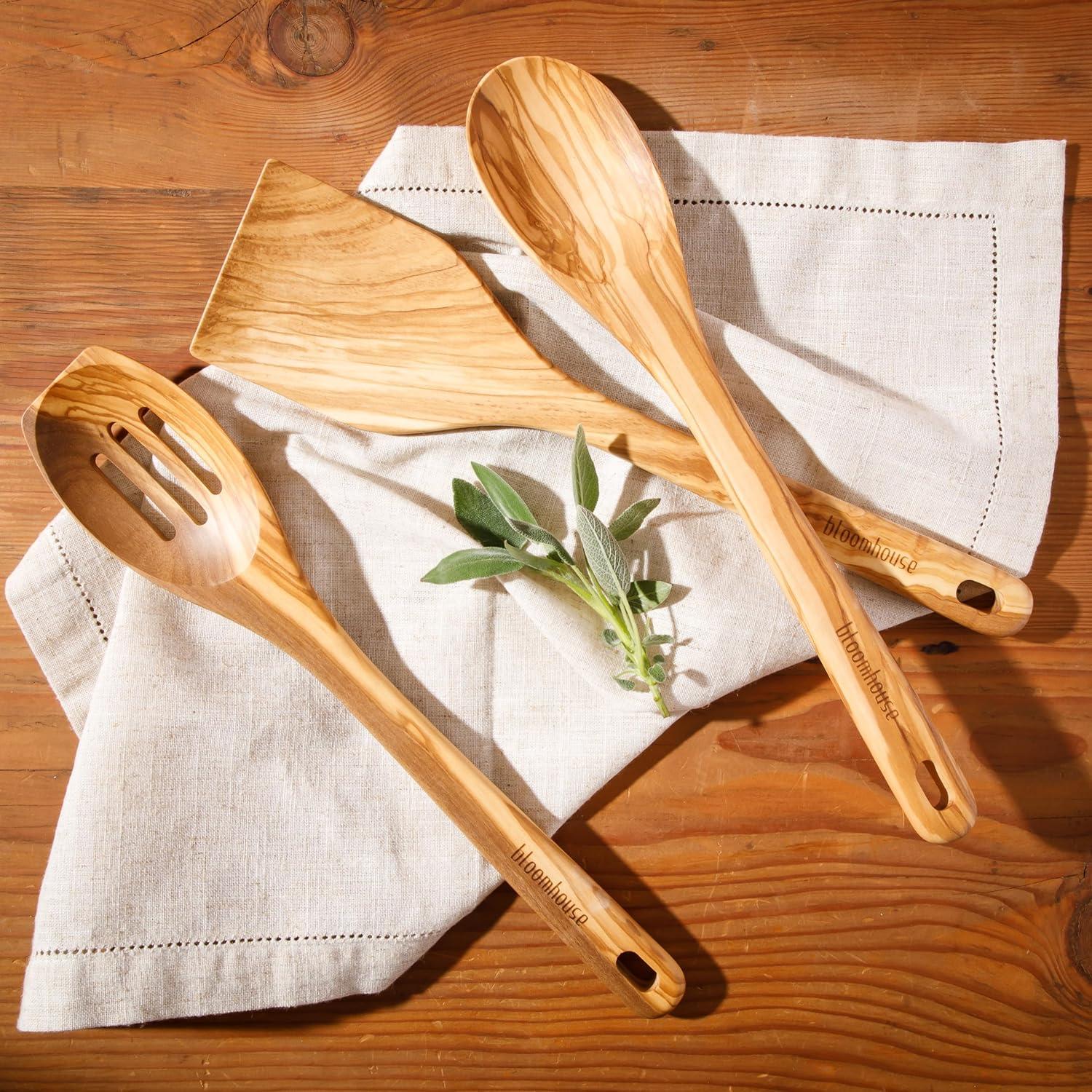 Bloomhouse Italian Olive Wood 3 Piece Extra-Large 14 Inch Turner, Spoon, and Slotted Spoon Set