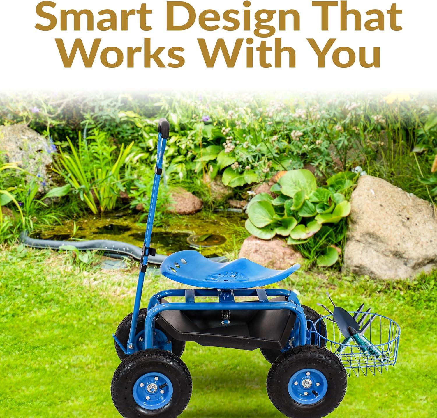 Sunnydaze Outdoor Heavy-Duty Steel Rolling Gardening Cart with Extendable Steer Handle, Swivel Chair, Tool Tray, and Basket - Blue