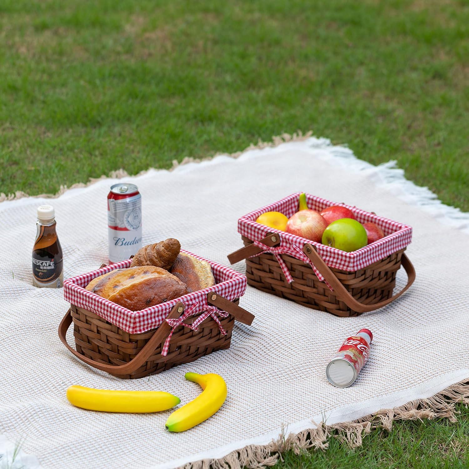 Classic Rectangular Wooden Storage Basket with Red Gingham Lining