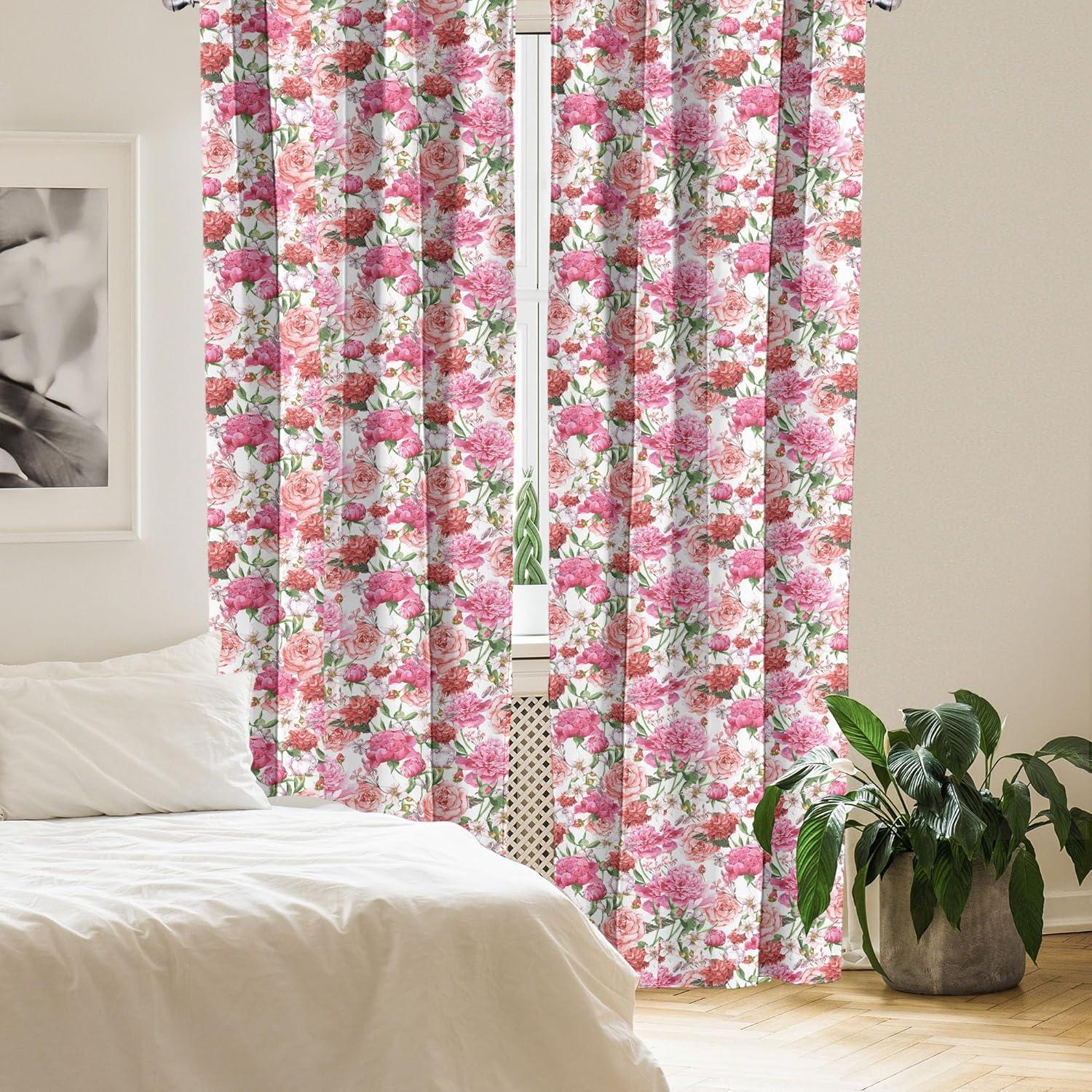 Ambesonne Watercolor Curtains, Pink Peonies Roses, Pair of 28"x63", Multicolor