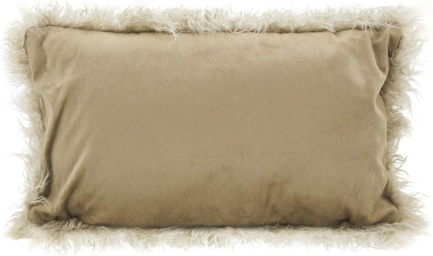 SARO  12 x 20 in. Rectangle Mongolian Faux Fur Throw Pillow - Oatmeal