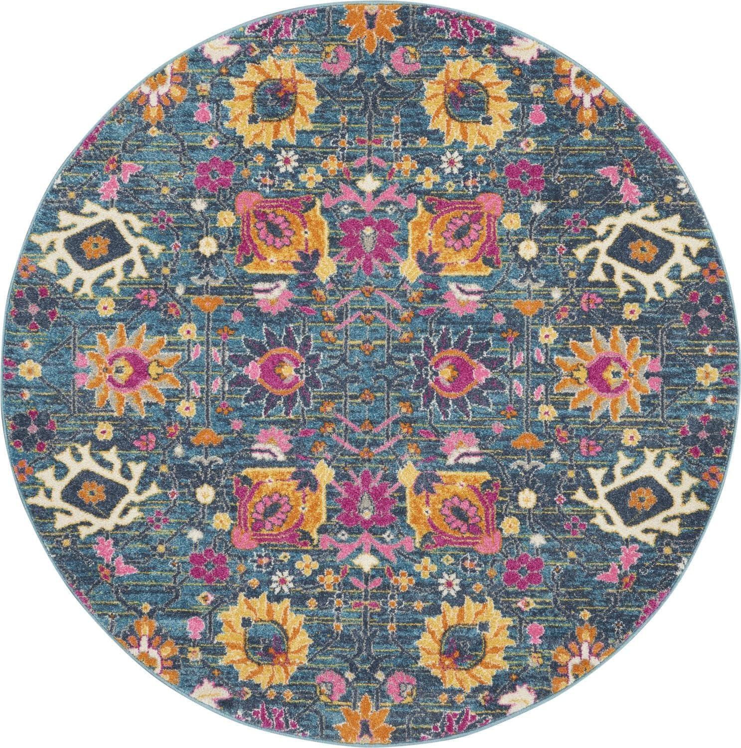 Denim Blue Floral Round Synthetic Area Rug 5'3"