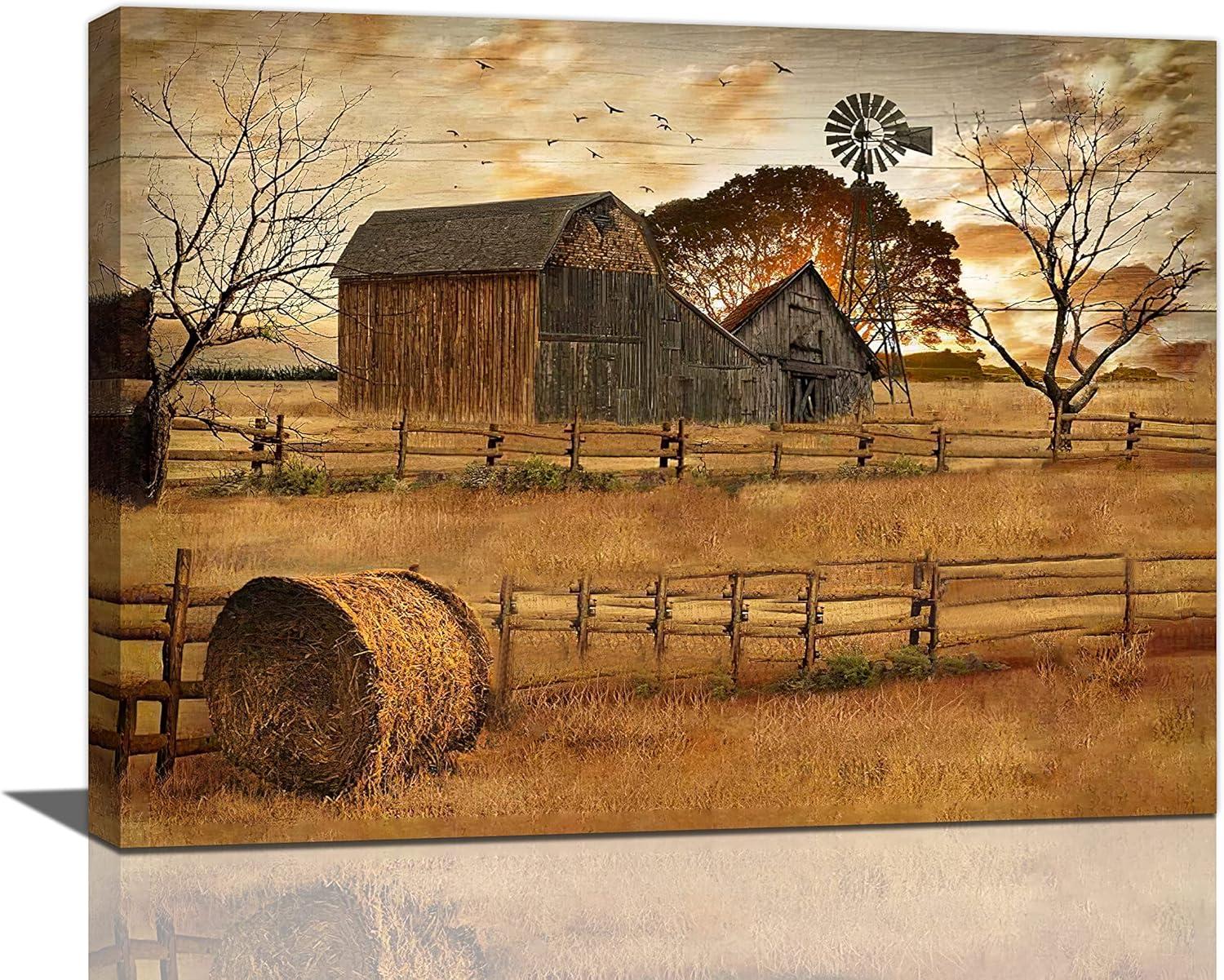 Farmhouse Wall Art Rustic Wall Decor Old Barn Canvas Prints Country Sunset Landscape Painting Pictures Home Modern Artwork Home Decoration for Bathroom Bedroom Living Room 16"x12"