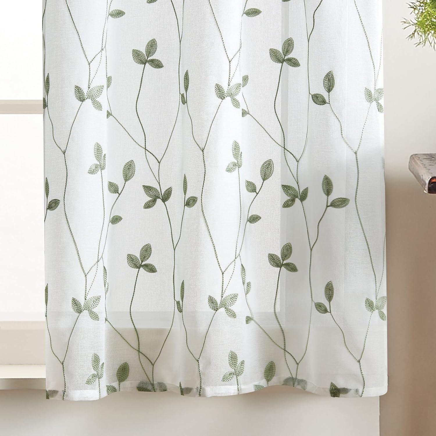 Sage Botanical Embroidered Polyester Light-Filtering Tier Curtains