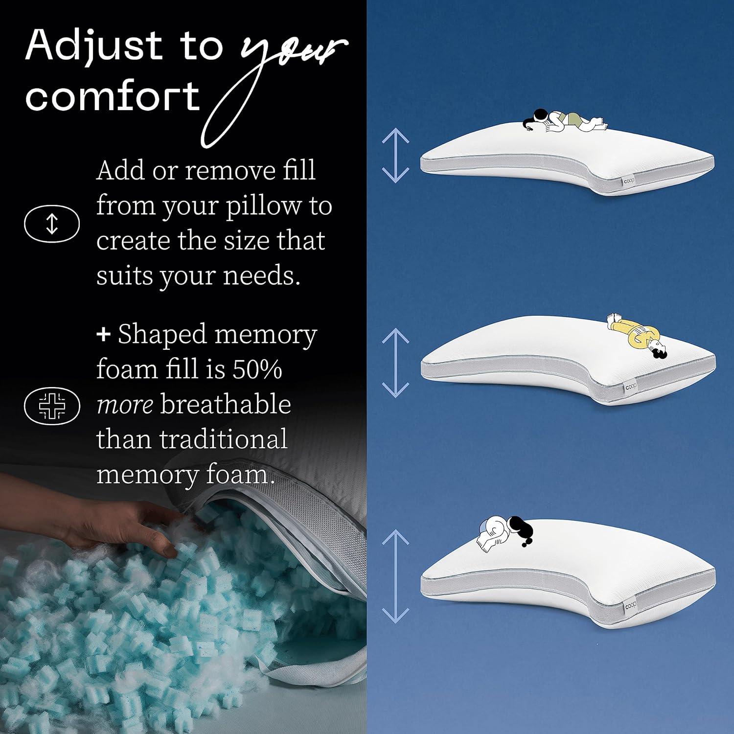 Coop Home Goods The Eden Cool+ Crescent Adjustable Pillow, King Size Plus Memory Foam with Cooling Gel, Neck Support, Back or Side Sleeper Pillow