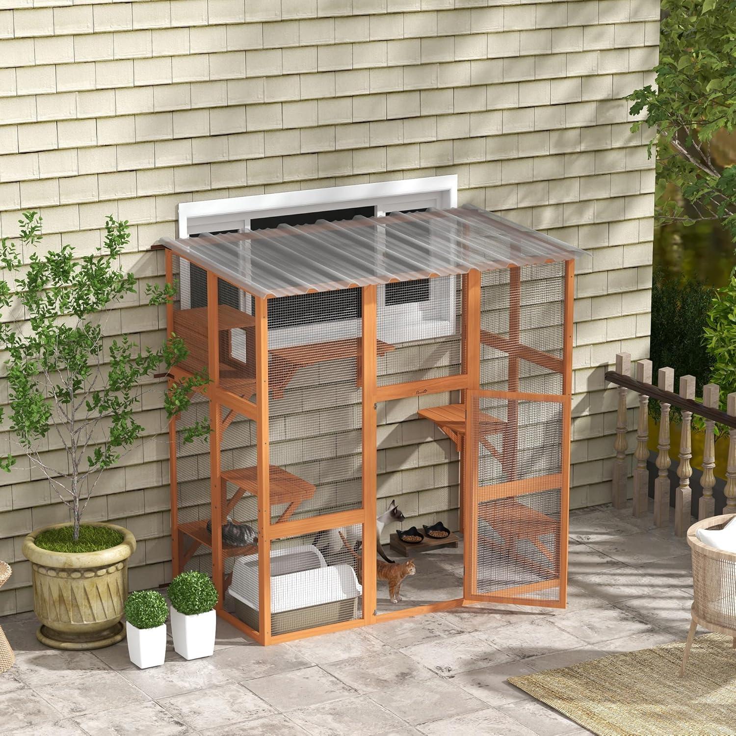 PawHut Catio, Outdoor Cat Enclosure Window Box Wooden Cat House w/ Weather Protection Roof for 2 Kitties with Resting Box, Platforms & Bridge