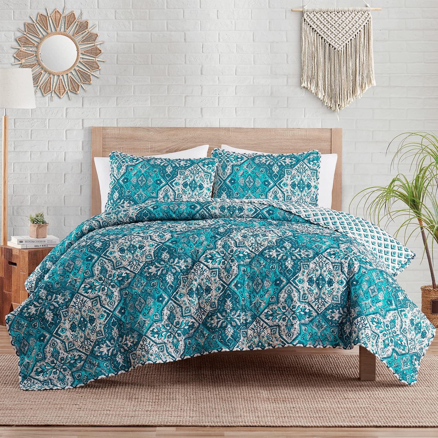 VCNY 2pc Twin Denim Boho Medallion Reversible Quilt Set: Microfiber, Hypoallergenic, No Fill