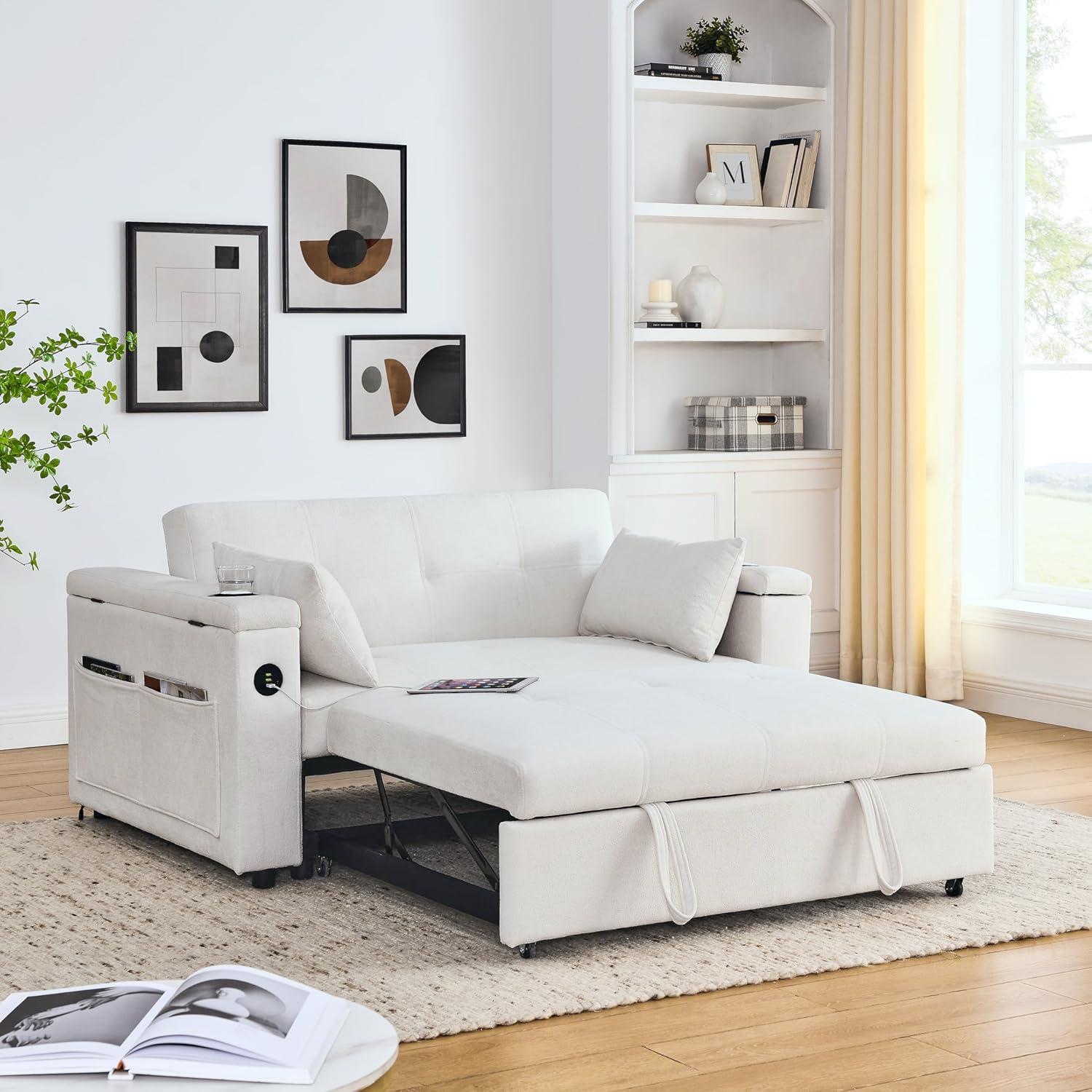 Neretva  54" Pull Out Sleeper Sofa Bed 3-in-1 Convertible Futon Couch with Pullout Bed, Cupholders,Reclining Backrest, Storage Pockets,USB Power Outlet – Modern Space Lounge Furniture for Living Room