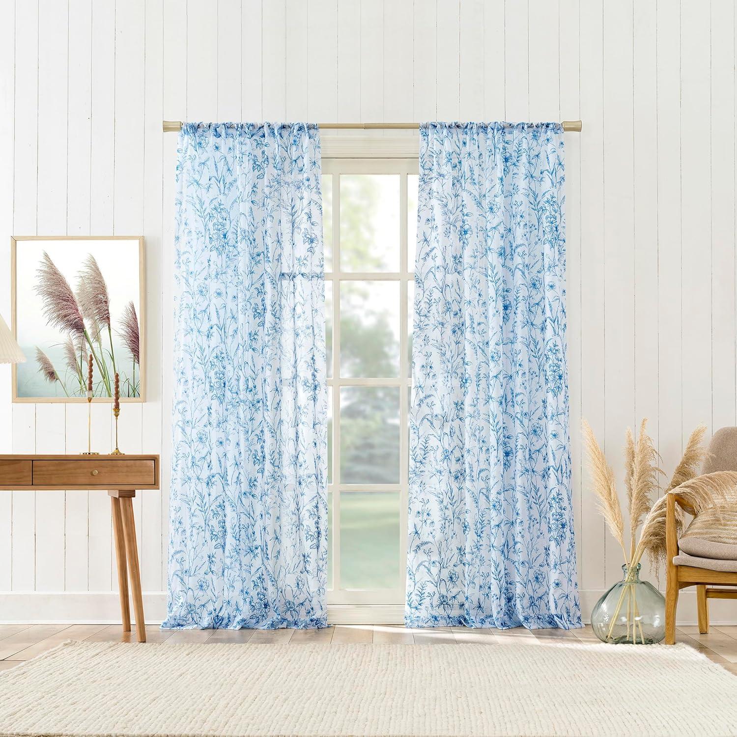 Chinoiserie Blue Floral Sheer Rod Pocket Curtain Panel 51" x 63"