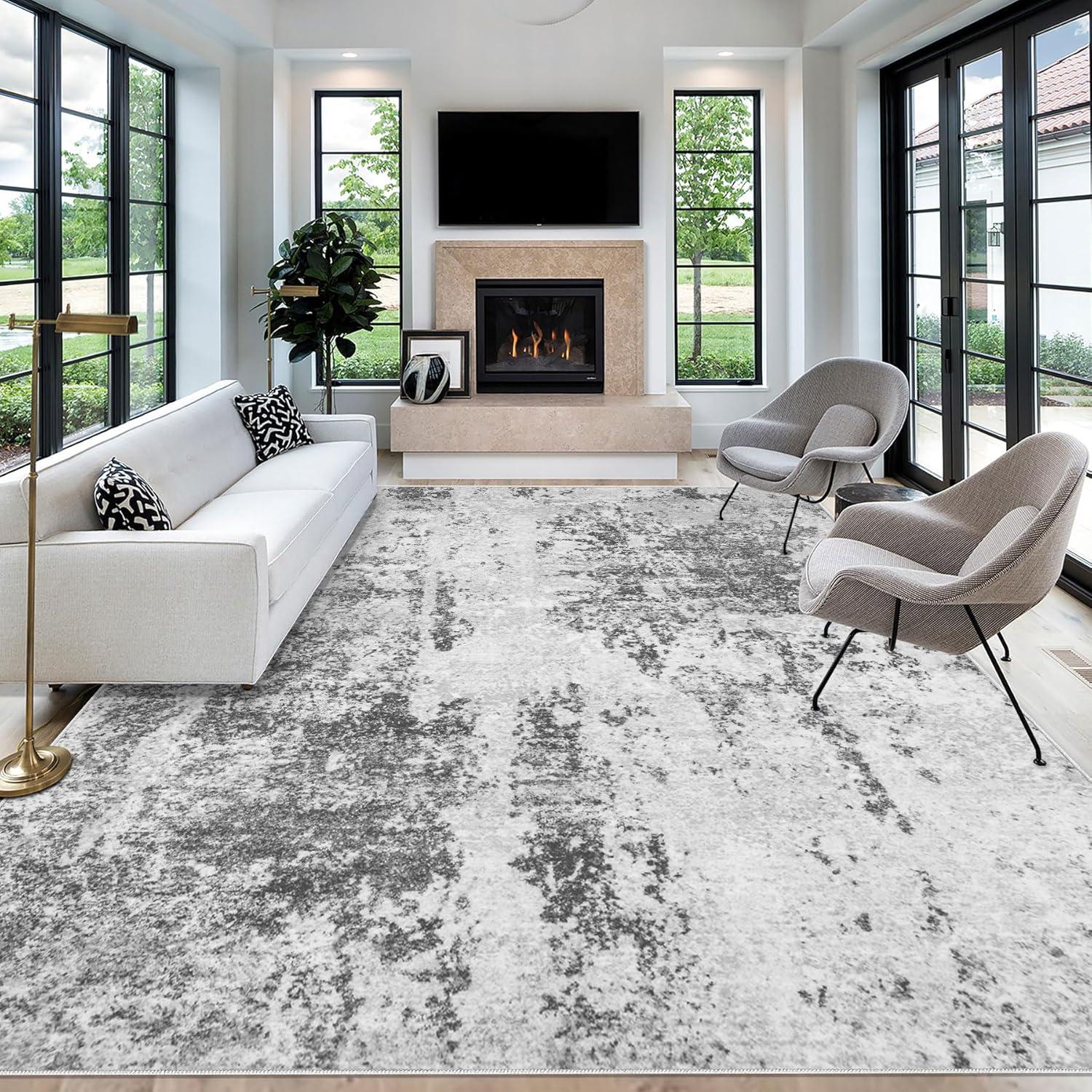 BERTHMEER 9'x12' Large Area Rugs for Living Room Bedroom Dining Room Office Farmhouse Abstract Modern Grey Rugs Washable Rugs Non-slip