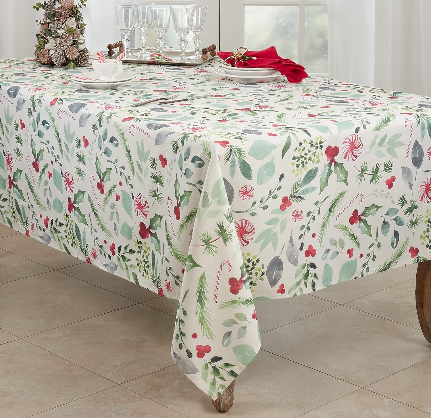 Saro Lifestyle Christmas Foliage and Candy Canes Tablecloth