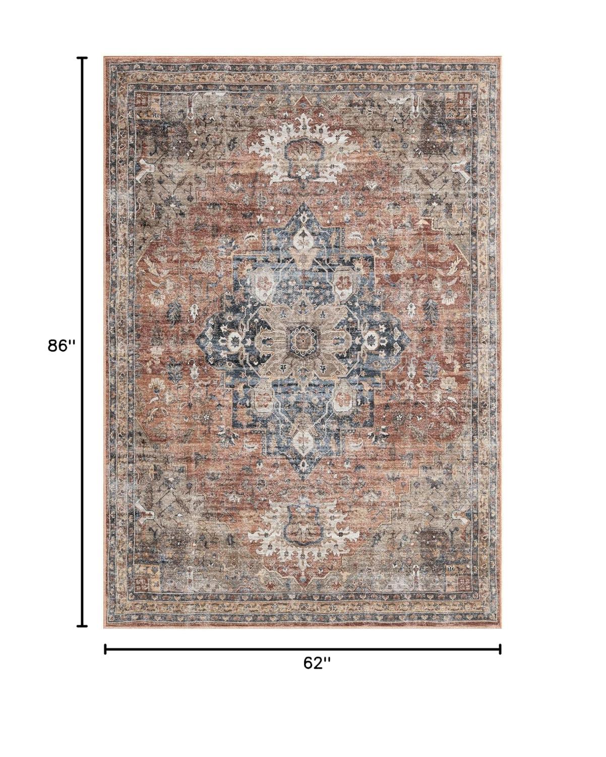 Everwash Callaghan Esther Bohemian Medallion Machine Washable Area Rug, Rust/Navy Blue, 5'2"x7'2"