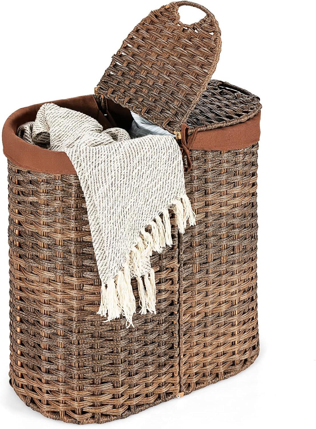 Brown Wicker Laundry Hamper with Lid and Liner Bags