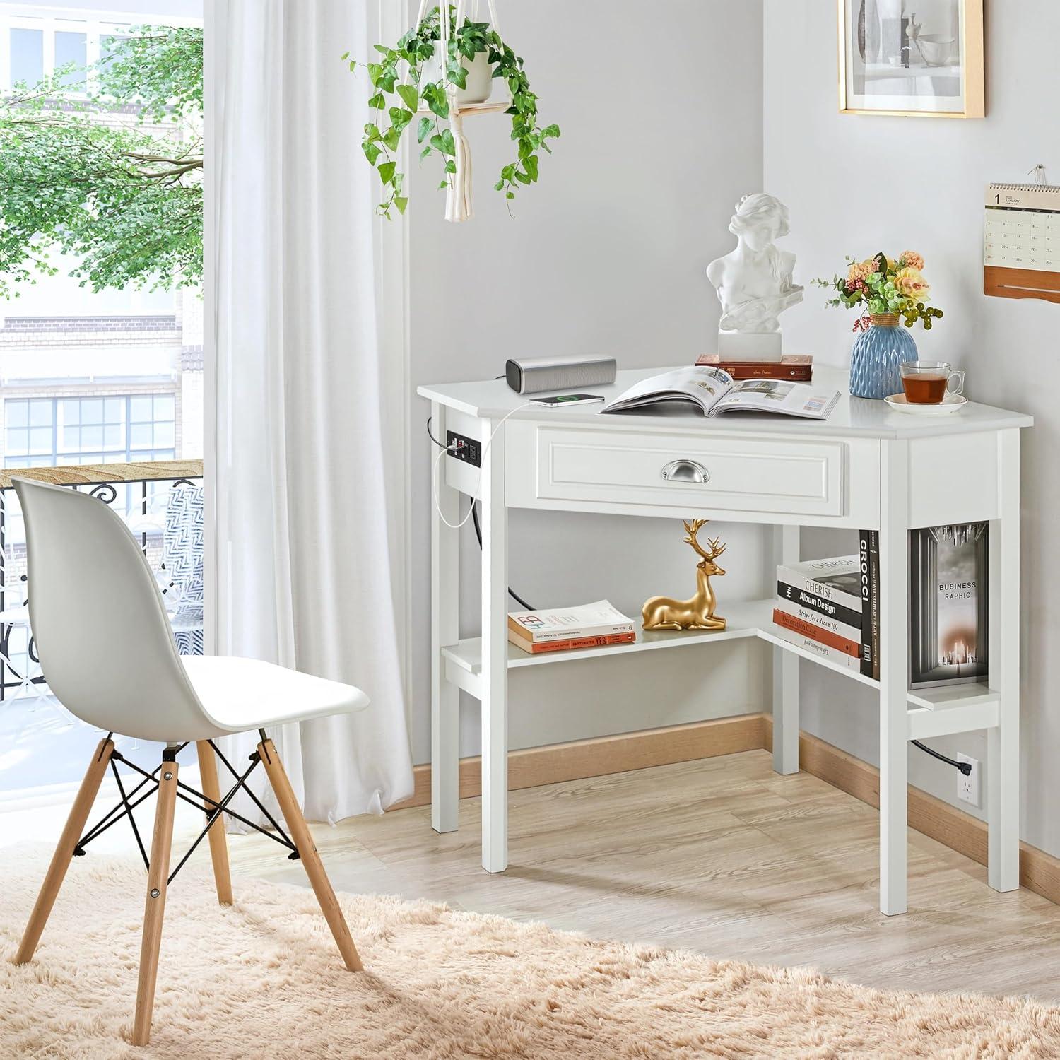 White Wood U-Shaped Corner Desk with Drawer and Power Outlet