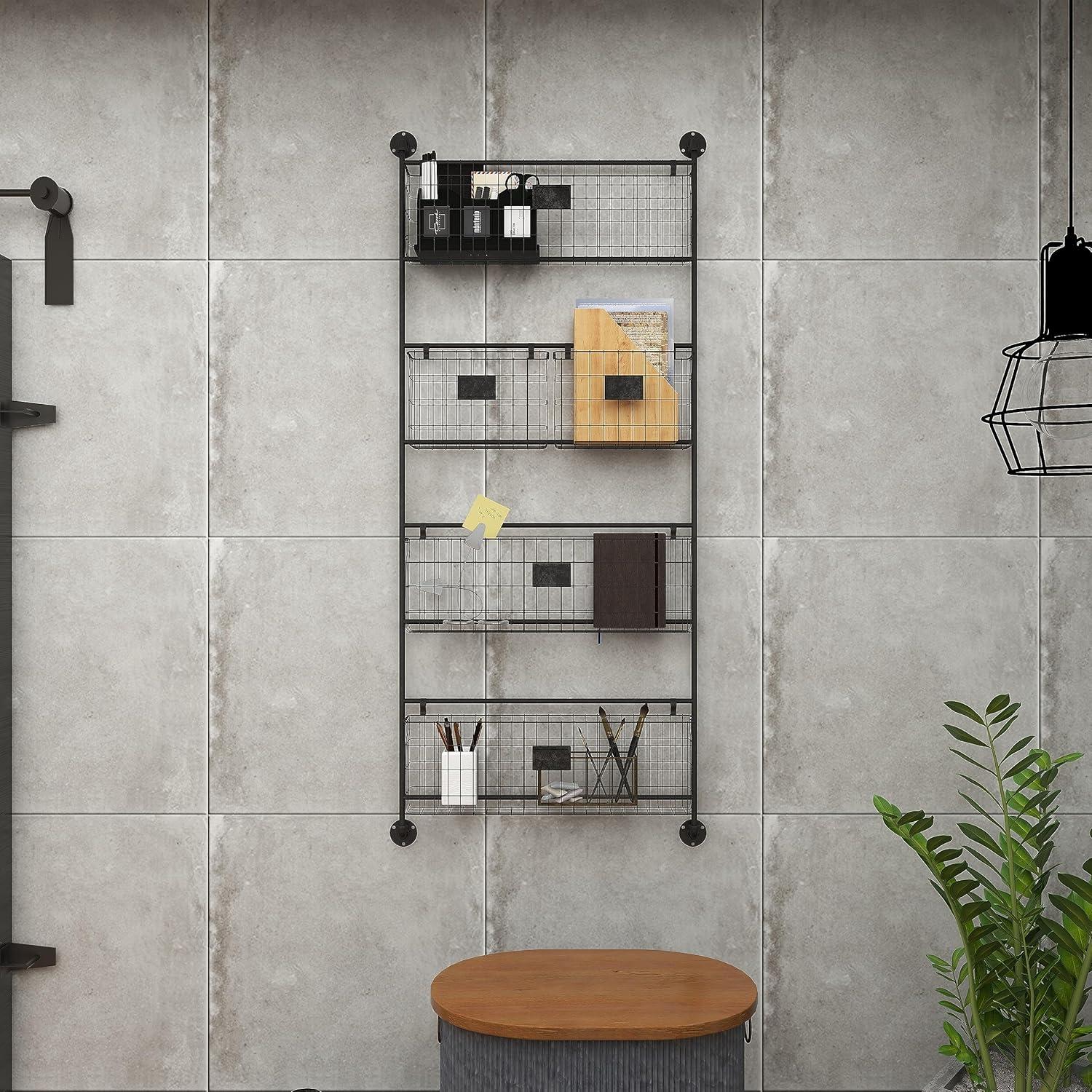 DecMode 4-Tier Industrial Wall Organizer Basket and Magazine Rack Holder, 27"W x 5"L x 61"H, Black Metal with Rustic Distressed Finish