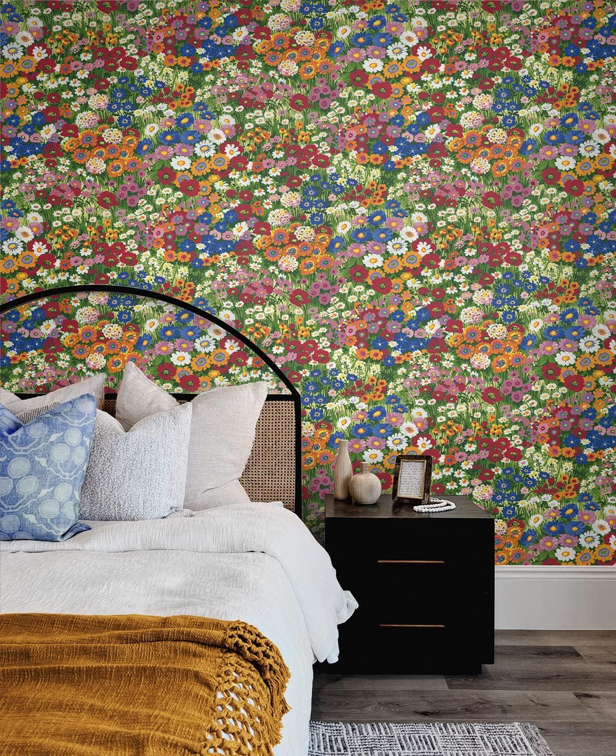NextWall Floral Meadow Peel and Stick Wallpaper: Self-Adhesive Vinyl, Botanical Pattern, Smooth Finish, 30.75 Sq Ft Coverage